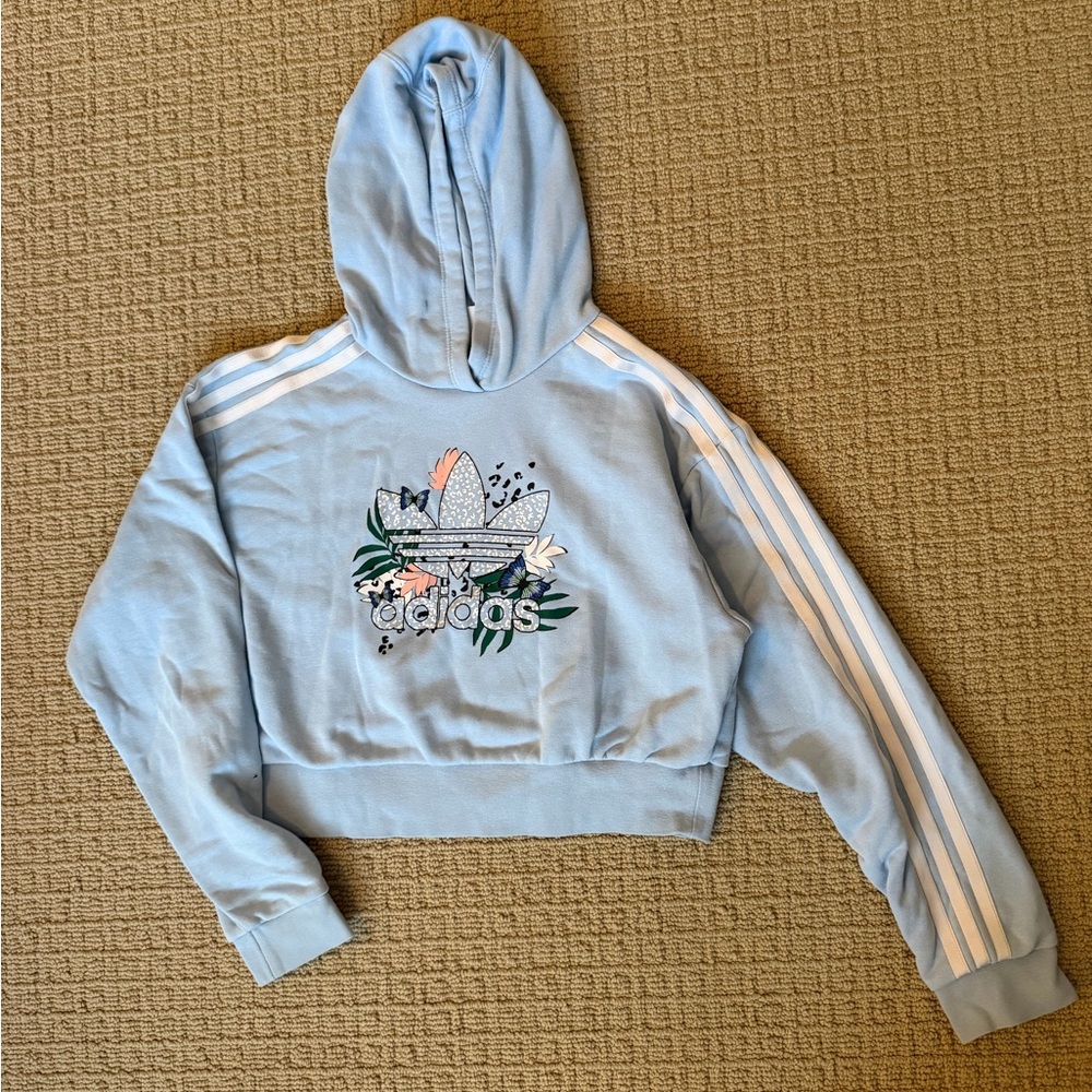 Adidas kids HER studio London Light Blue cropped Hoodie with butterfly Accents